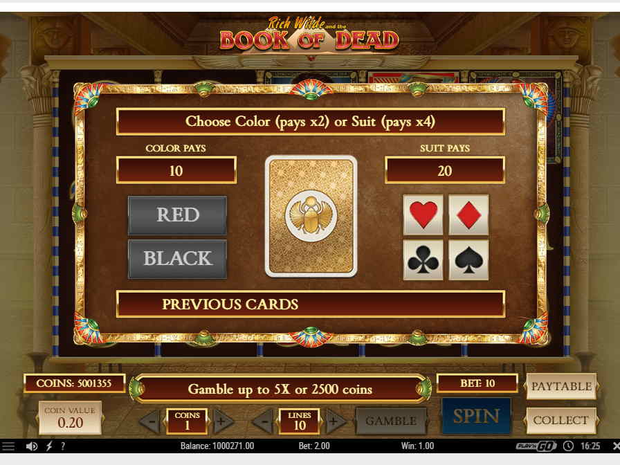 Чтобы выиграть в этом раунде, нужно угадать цвет карты Риск игра игрового аппарата Book of Dead